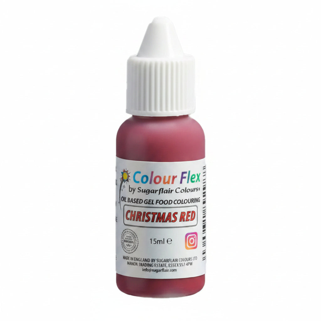 Bottle of Colour Flex by Sugarflair Christmas Red food coloring on a white background