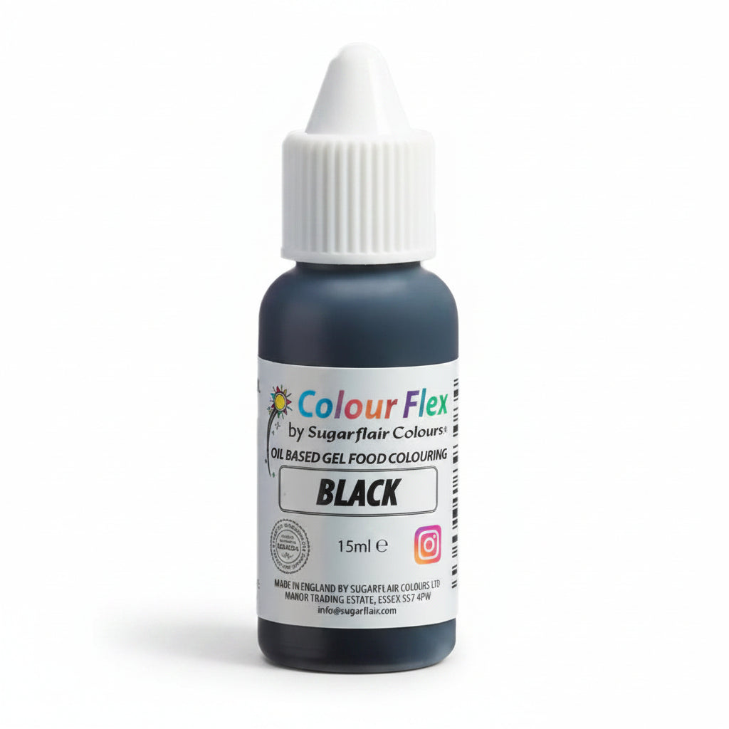 Bottle of Colour Flex oil-based gel food colouring in black 